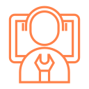 Orange icon - person wearing headphones in front of computer with a spanner