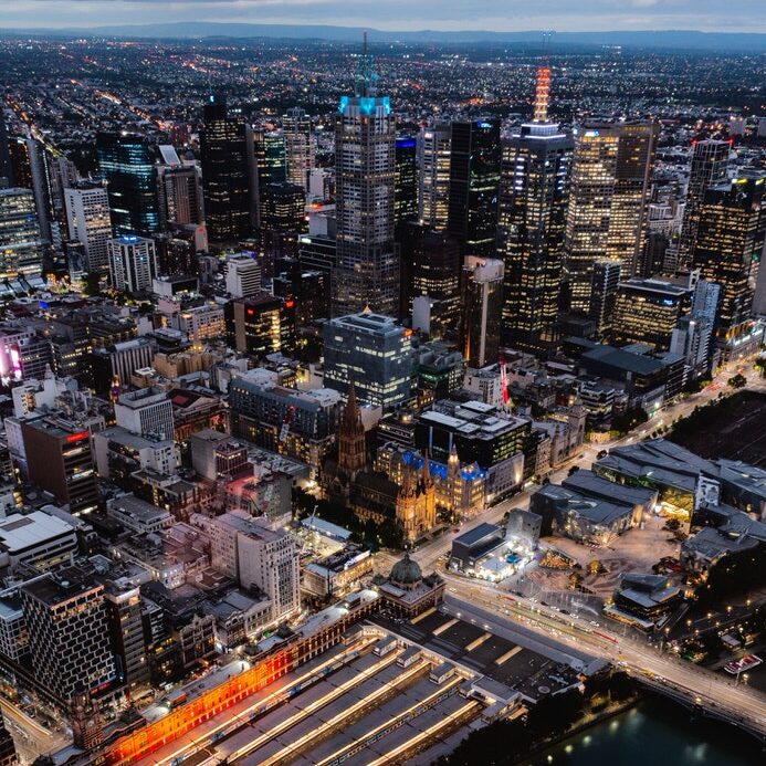Aerial view of Melbourne CDB at night