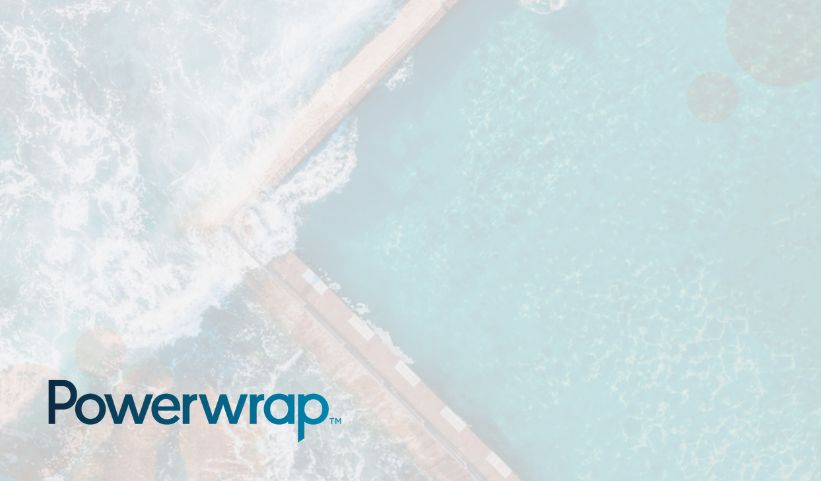 Ocean side pool with waves crashing over the side with Powerwrap logo in bottom left corner