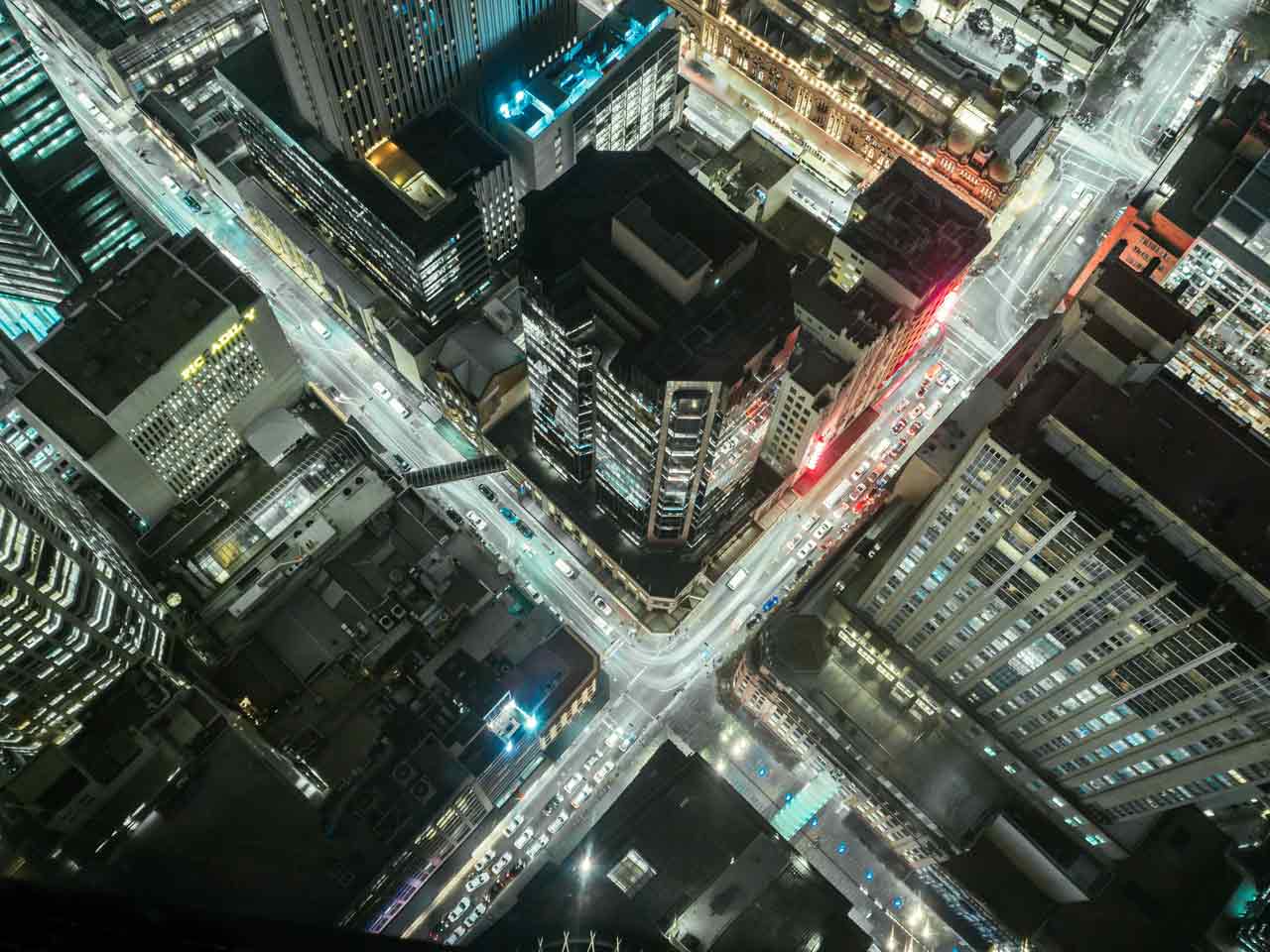 Aerial street view of Sydney traffic at night