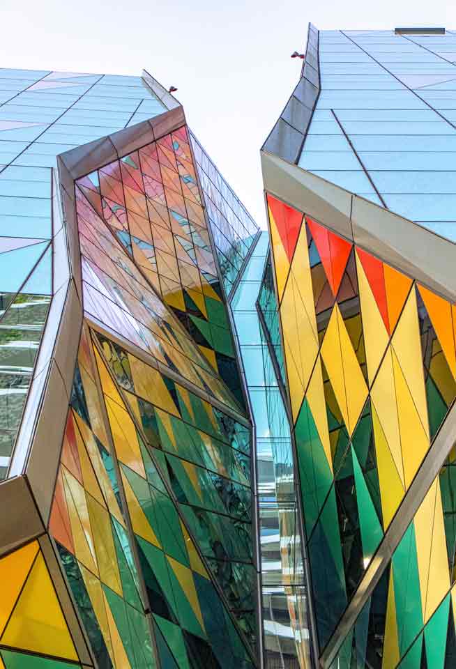 Colourful geometric glass panels on a Melbourne office building