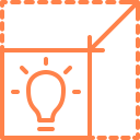 Orange scalability icon with a lightbulb in a box with an arrow indicating scale