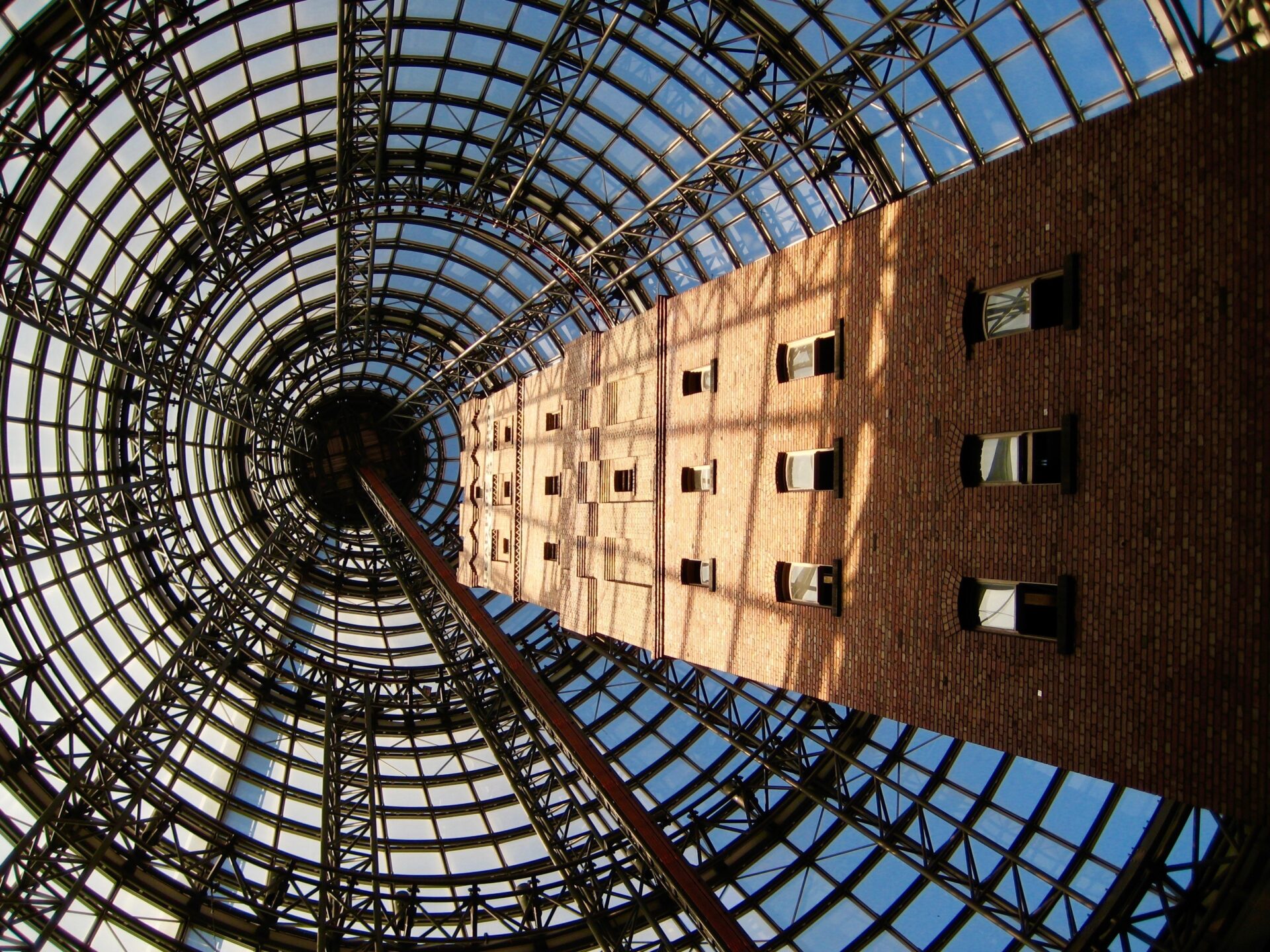 Looking up at the glass cone that encapsulates Melbourne Central tower.